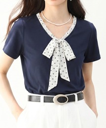 ドット柄 リボンタイ Vネック 半袖Tシャツ