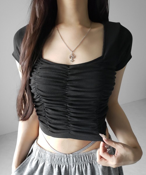 me+em select(ミームセレクト)の「※※【 2color 】シャーリングギャザースクエアショートTシャツ / shirring gather square short T-shirts(Tシャツ/カットソー・レディース・ブラック/グレー・FREE)」の21枚目の写真