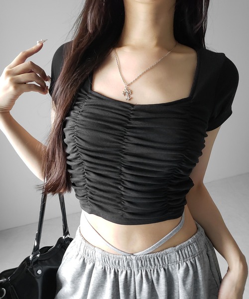 me+em select(ミームセレクト)の「※※【 2color 】シャーリングギャザースクエアショートTシャツ / shirring gather square short T-shirts(Tシャツ/カットソー・レディース・ブラック/グレー・FREE)」の19枚目の写真
