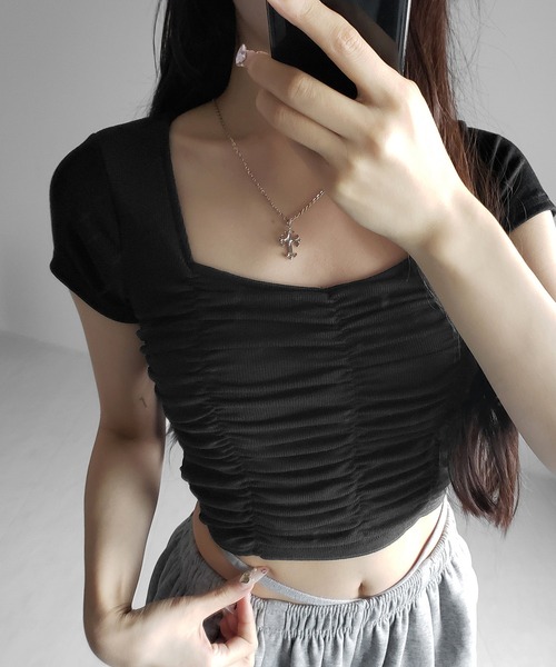 me+em select(ミームセレクト)の「※※【 2color 】シャーリングギャザースクエアショートTシャツ / shirring gather square short T-shirts(Tシャツ/カットソー・レディース・ブラック/グレー・FREE)」の14枚目の写真