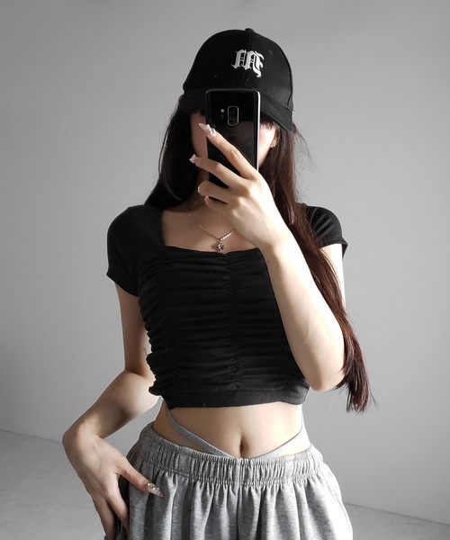me+em select(ミームセレクト)の「※※【 2color 】シャーリングギャザースクエアショートTシャツ / shirring gather square short T-shirts(Tシャツ/カットソー・レディース・ブラック/グレー・FREE)」の13枚目の写真