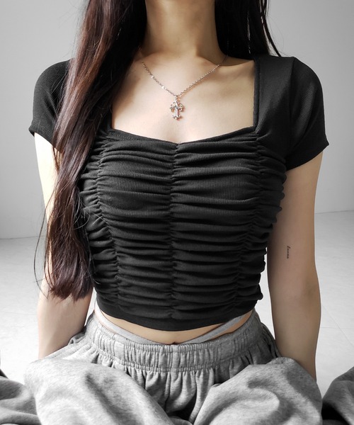 me+em select(ミームセレクト)の「※※【 2color 】シャーリングギャザースクエアショートTシャツ / shirring gather square short T-shirts(Tシャツ/カットソー・レディース・ブラック/グレー・FREE)」の17枚目の写真