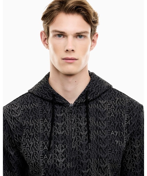 正規品 EA7 EMPORIO ARMANI 総柄 ジップパーカー メッシュ S EMPORIO ARMANI (エンポリオアルマーニ) 総柄ロゴ ダブルジップ