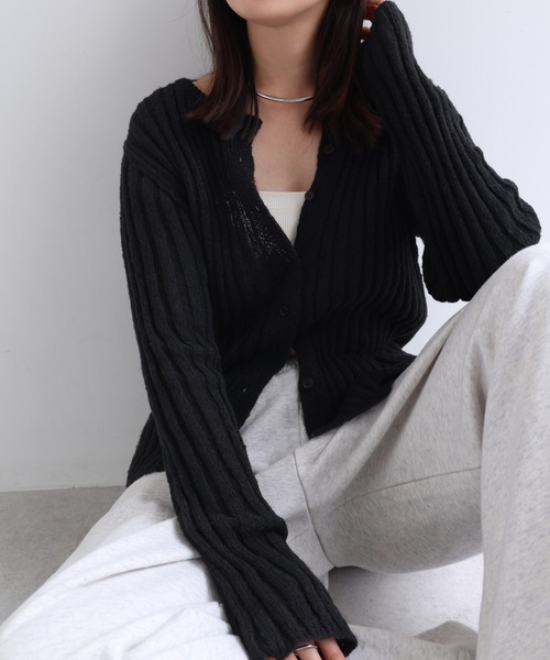 andme（アンドミー）の「モヘアタッチシアー長袖リブニットカーディガン（ニット/セーター・レディース・ブラウン/ブラック/アイボリー・M）」の4枚目の写真