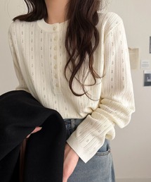 透かし柄にひと目惚れ♪大人フェミニン、アイレット柄ヘンリーネックニット (長袖)