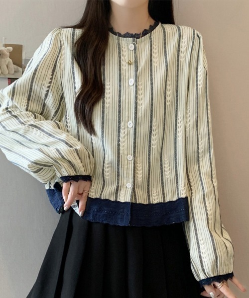 ONEP STAR(ワンピスター)の「レース切替ストライプボリュームスリーブブラウス(シャツ/ブラウス・レディース・ベージュ・X-LARGE/LARGE/MEDIUM)」の6枚目の写真