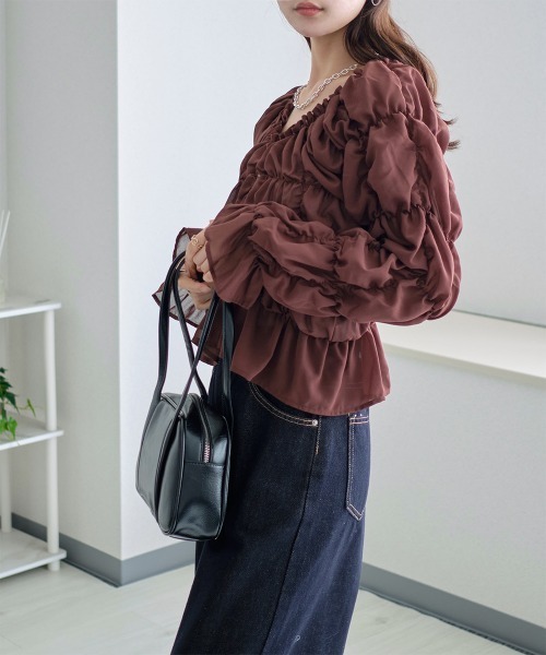 Rejoule(リジュール)の「長袖シアー ランダムシャーリング2wayブラウス(シャツ/ブラウス・レディース・ブラウン/テラコッタ/アイボリー/ブラック・FREE)」の19枚目の写真