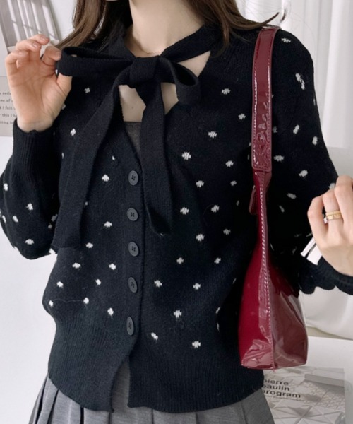 Ada.(エイダ)の「ボウタイ付き ドット ジャガード ニットカーディガン(カーディガン/ボレロ・レディース・ブラック/ホワイト/グレー・FREE)」の10枚目の写真
