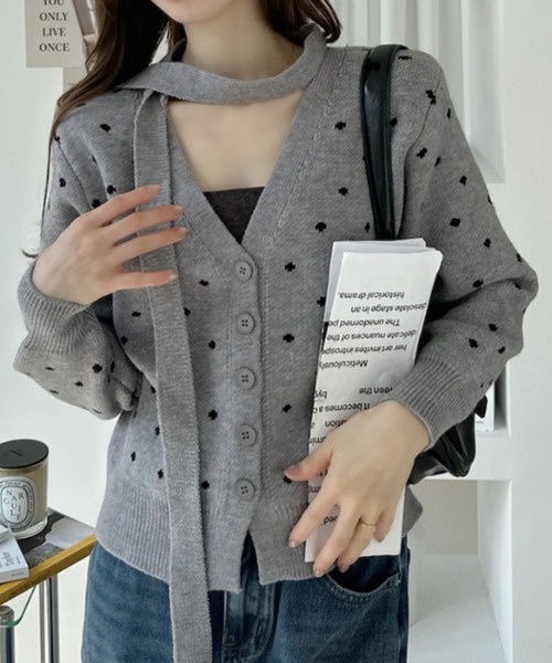 Ada.(エイダ)の「ボウタイ付き ドット ジャガード ニットカーディガン(カーディガン/ボレロ・レディース・ブラック/ホワイト/グレー・FREE)」の19枚目の写真