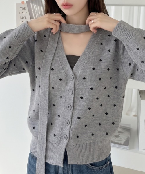Ada.(エイダ)の「ボウタイ付き ドット ジャガード ニットカーディガン(カーディガン/ボレロ・レディース・ブラック/ホワイト/グレー・FREE)」の16枚目の写真