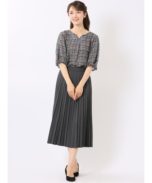 m.f.editorial(エムエフエディトリアル)の「ブラウス レディース 5分袖 プルオーバー チェック ジャガード キーネック(シャツ/ブラウス・レディース・ブラウン/ブラック・LARGE/MEDIUM)」の15枚目の写真