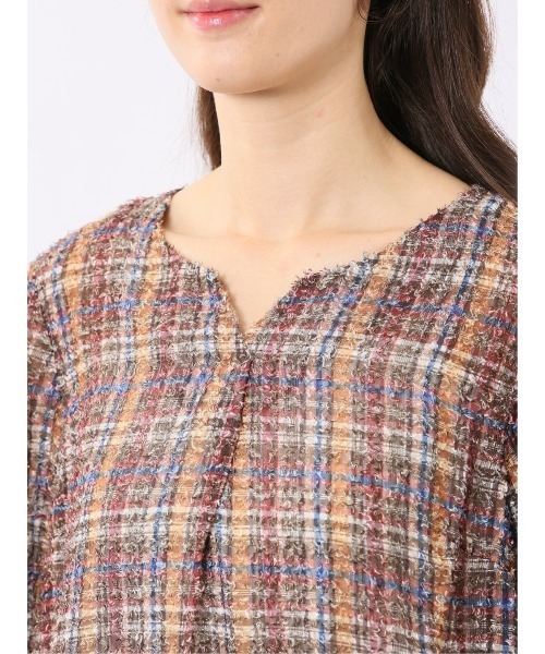 m.f.editorial(エムエフエディトリアル)の「ブラウス レディース 5分袖 プルオーバー チェック ジャガード キーネック(シャツ/ブラウス・レディース・ブラウン/ブラック・LARGE/MEDIUM)」の5枚目の写真