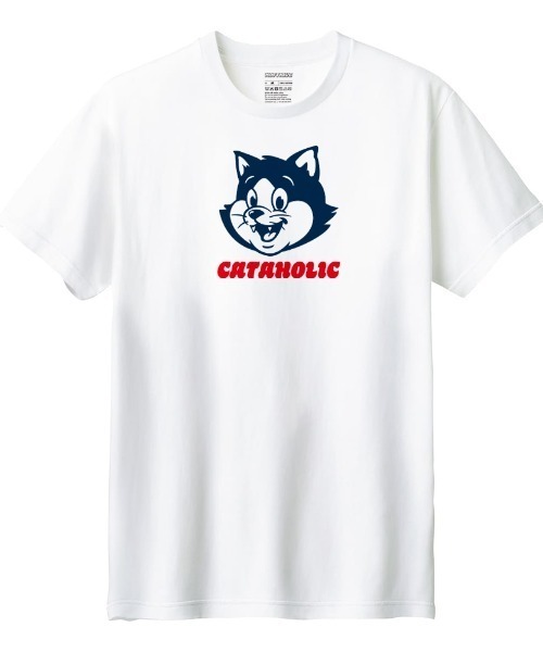Moftique(モフティック)の「Moftique(モフティック) 半袖Tシャツ ロゴ キャットイラスト 猫 アニマル プリント トップス カットソー メンズ ユニセックス(Tシャツ/カットソー・メンズ・ヘザーグレー/イエロー/ブラック/ホワイト・S/XL/L/M/XS)」の2枚目の写真