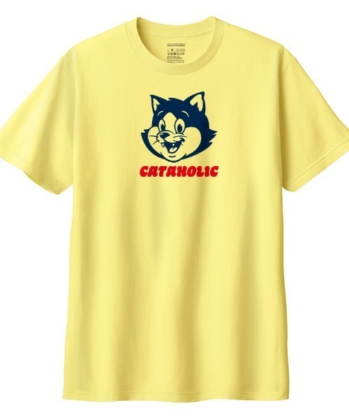 Moftique(モフティック)の「Moftique(モフティック) 半袖Tシャツ ロゴ キャットイラスト 猫 アニマル プリント トップス カットソー メンズ ユニセックス(Tシャツ/カットソー・メンズ・ヘザーグレー/イエロー/ブラック/ホワイト・S/XL/L/M/XS)」の1枚目の写真