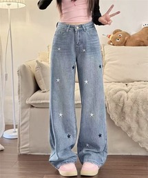 スター刺繍デニムワイドパンツ
