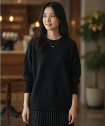 【シンプル定番・体型カバー】クルーネックリブニット／4色展開｜ブラック グレー ブラウン レッド 長袖 ゆったりシルエット 秋冬 大人カジュアル きれいめ