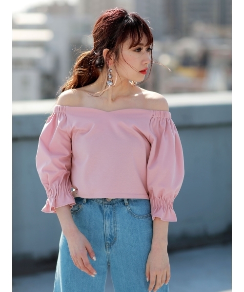MURUA（ムルーア）の「ギャザースリーブワイドＶ ＴＯＰＳ（Tシャツ/カットソー・レディース・ブラック/ピンク/オレンジ/オフホワイト・FREE）」の5枚目の写真