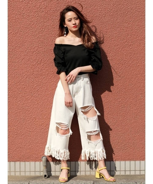 MURUA（ムルーア）の「ギャザースリーブワイドＶ ＴＯＰＳ（Tシャツ/カットソー・レディース・ブラック/ピンク/オレンジ/オフホワイト・FREE）」の15枚目の写真