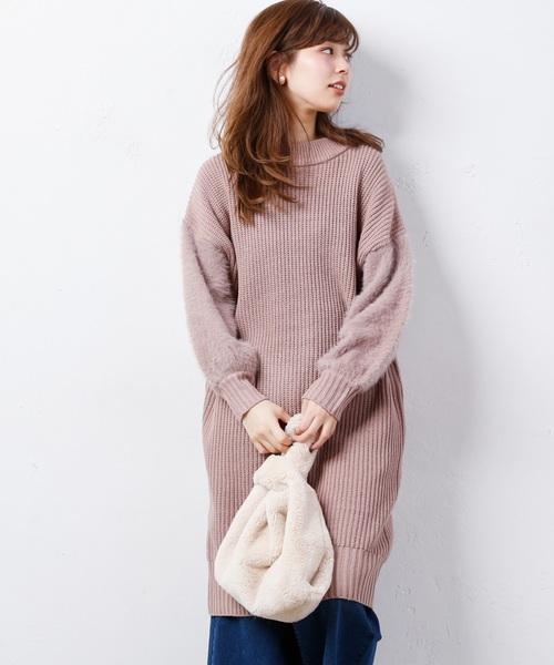 natural couture（ナチュラルクチュール）の「ふわふわ袖シャギーニットワンピース（ワンピース・レディース・アイボリー/ネイビー/ピンクベージュ・FREE）」の3枚目の写真