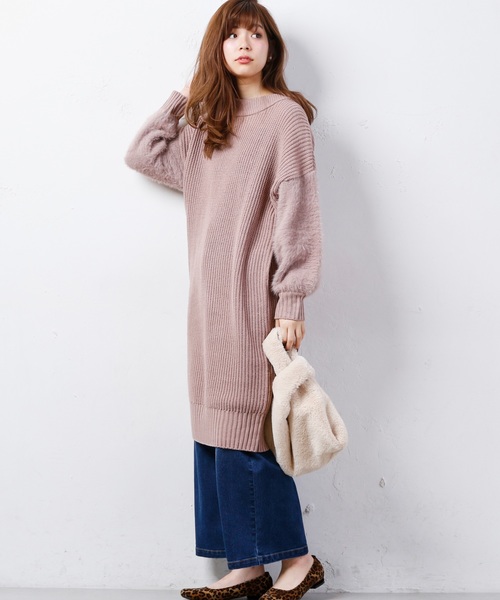 natural couture（ナチュラルクチュール）の「ふわふわ袖シャギーニットワンピース（ワンピース・レディース・アイボリー/ネイビー/ピンクベージュ・FREE）」の5枚目の写真