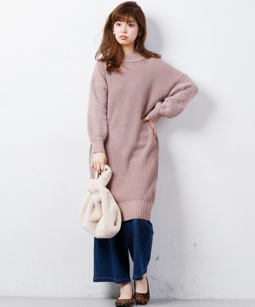 natural couture（ナチュラルクチュール）の「ふわふわ袖シャギーニットワンピース（ワンピース・レディース・アイボリー/ネイビー/ピンクベージュ・FREE）」の6枚目の写真