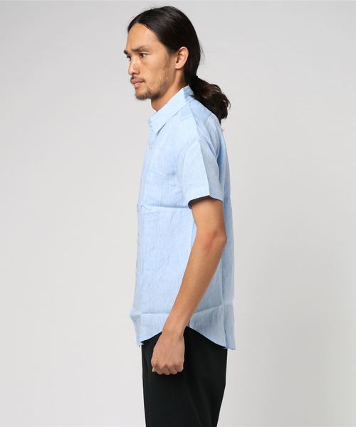 L&H（エルアンドエイチ）の「フレンチリネン半袖レギュラーシャツ（シャツ/ブラウス・メンズ・ホワイト/ネイビー/サックスブルー・LARGE/MEDIUM）」の4枚目の写真