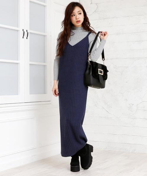 Doula Doula（ドゥーラドゥーラ）の「リブニット キャミワンピース（サロペット/オーバーオール・レディース・ブラック/グレー/キャメル/カーキ/ダークグレー/モカ/オフホワイト/テラコッタ/ブラウン/ネイビー/ボルドー/杢グレー/ライトカーキ/ピンク/ライトパープル・M/L/XL）」の11枚目の写真