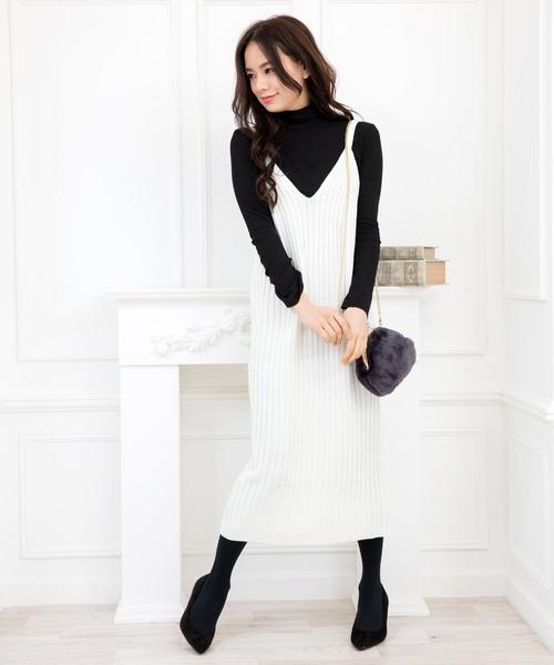 Doula Doula（ドゥーラドゥーラ）の「リブニット キャミワンピース（サロペット/オーバーオール・レディース・ブラック/グレー/キャメル/カーキ/ダークグレー/モカ/オフホワイト/テラコッタ/ブラウン/ネイビー/ボルドー/杢グレー/ライトカーキ/ピンク/ライトパープル・M/L/XL）」の2枚目の写真