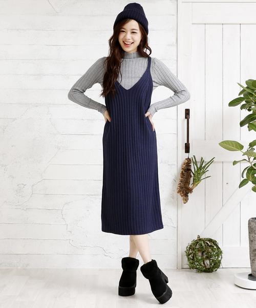 Doula Doula（ドゥーラドゥーラ）の「リブニット キャミワンピース（サロペット/オーバーオール・レディース・ブラック/グレー/キャメル/カーキ/ダークグレー/モカ/オフホワイト/テラコッタ/ブラウン/ネイビー/ボルドー/杢グレー/ライトカーキ/ピンク/ライトパープル・M/L/XL）」の17枚目の写真