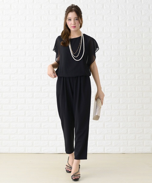レースレディース Lace Ladies 花柄レース袖シンプルセットアップ・パンツドレス （Aネイビー） レースレディース Lace Ladies 花柄レース袖シンプル