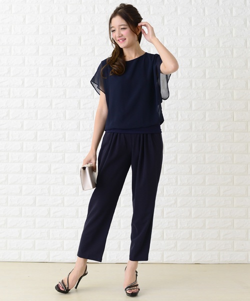 レースレディース Lace Ladies ロング丈 シフォン パンツドレス・オールインワン （ネイビー） ドットチュールシアー袖シフォンロングワンピースドレス（ドレス