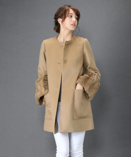 sankyo shokai(サンキョウショウカイ)の「カシミヤロリス袖ノーカラーコート(ノーカラーコート・レディース・ブラック/ベージュ・11号/9号)」の1枚目の写真