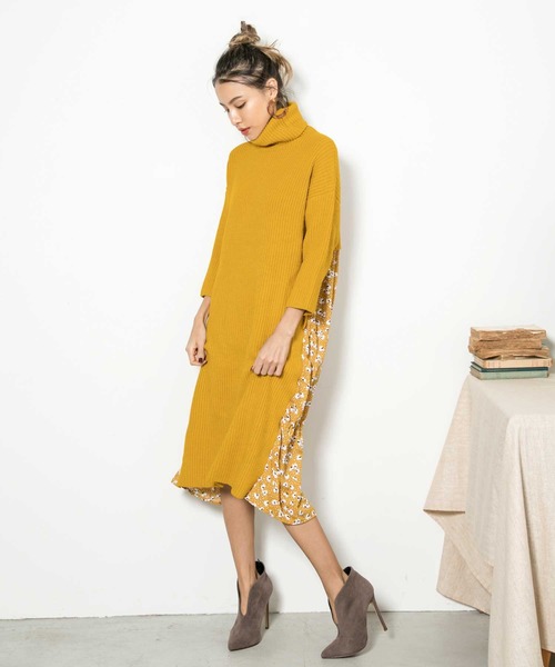 MILLION CARATS(ミリオンカラッツ)の「バックフラワーニットロングワンピース(ワンピース)」|イエロー
