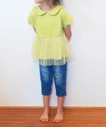 衿付きチュール切替チュニックTシャツ