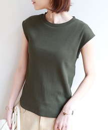 テレコリブクルーネックフレンチスリーブTシャツ