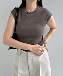 テレコリブクルーネックフレンチスリーブTシャツ
