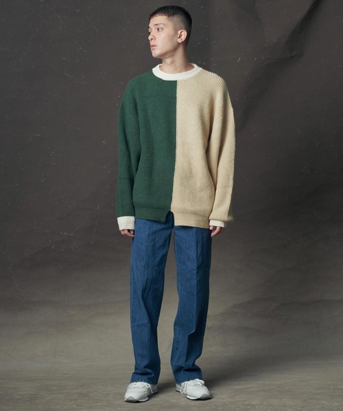 NILWAY(ニルウェイ)の「アンゴラタッチアシメ配色ルーズニット(ニット/セーター・メンズ・ホワイト×ブラック/グリーン系・MEDIUM/LARGE)」の12枚目の写真