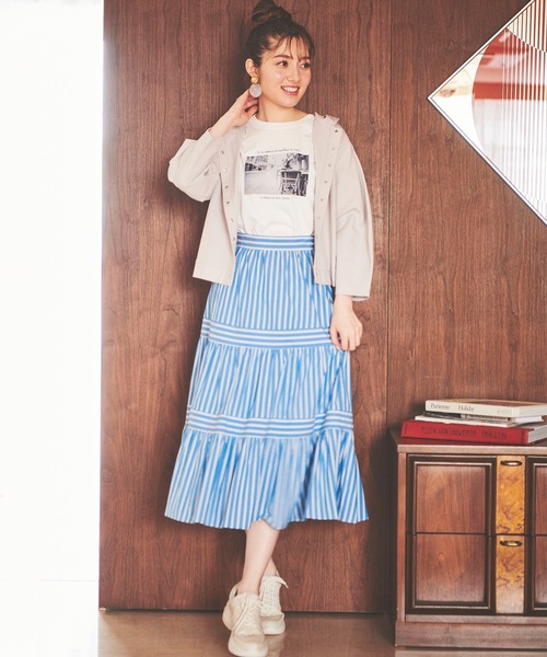 プリーツスカート ミントグリーン 紫ストライプ プリーツスカート * cotton 素材 ストライプ柄 * ロングスカート