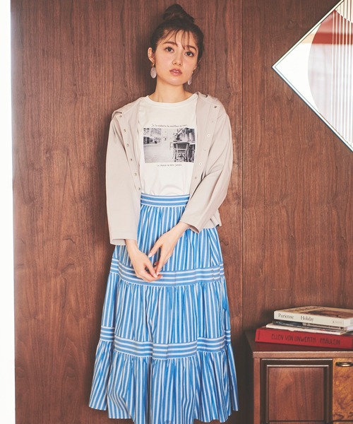 新品・未着用【マドモアゼル　ノンノン】 ティアード　スカート　ストライプ　ブルー 31 Sons de mode（トランテアン ソン ドゥ モード）の