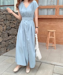 リネンライク ウエストマークタックフレンチスリーブ マキシワンピース