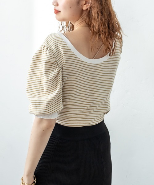 mystic（ミスティック）の「ランダムリブ半袖パフTシャツ（Tシャツ/カットソー・レディース・ブラック/イエロー/オレンジ・FREE）」の3枚目の写真