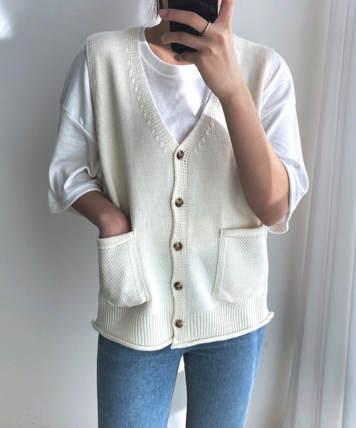 fd style(エフディ スタイル)の「【Chuzchuz】ポケットVネックベスト(ベスト・レディース・ネイビー/ピンク/アイボリー/ミント・FREE)」の2枚目の写真