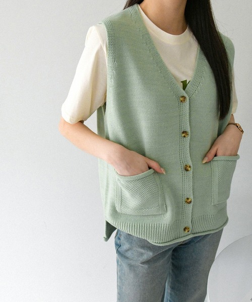 fd style(エフディ スタイル)の「【Chuzchuz】ポケットVネックベスト(ベスト・レディース・ネイビー/ピンク/アイボリー/ミント・FREE)」の6枚目の写真