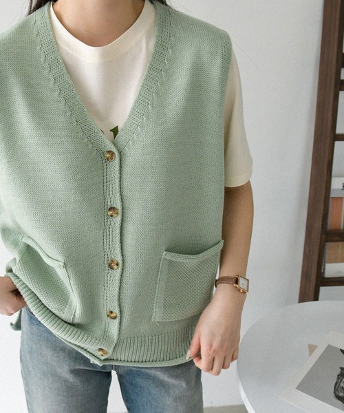 fd style(エフディ スタイル)の「【Chuzchuz】ポケットVネックベスト(ベスト・レディース・ネイビー/ピンク/アイボリー/ミント・FREE)」の7枚目の写真