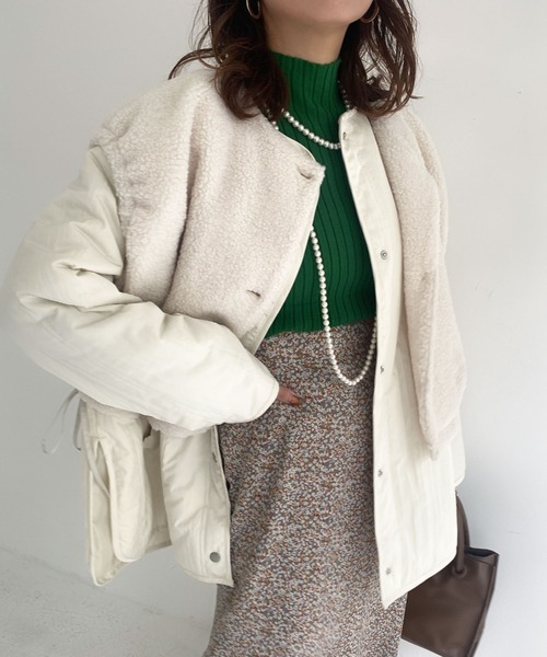 archives（アルシーヴ）の「中綿キルトコート＆ボアベストセット（ノーカラーコート・レディース・アイボリー/グレー/ベージュ・MEDIUM）」の2枚目の写真