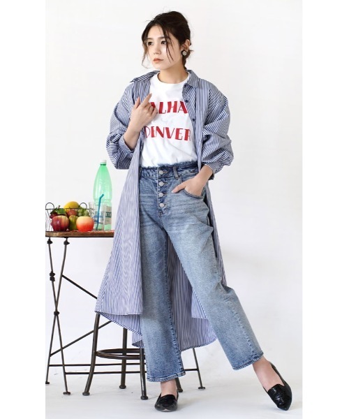 e-zakkamania stores（イーザッカマニアストアーズ）の「ストライプ柄 パフスリーブ シャツワンピース（シャツワンピース・レディース・ホワイト/ネイビー・M）」の5枚目の写真