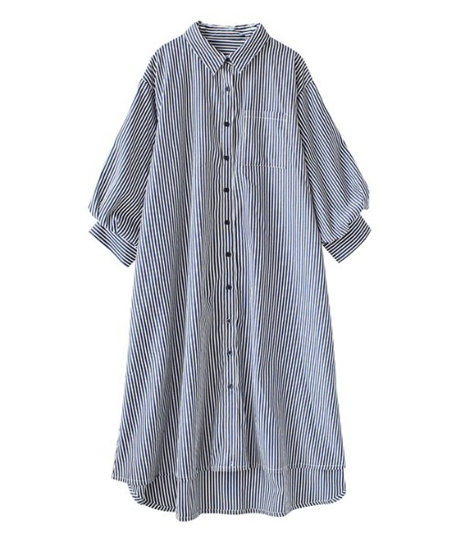 e-zakkamania stores（イーザッカマニアストアーズ）の「ストライプ柄 パフスリーブ シャツワンピース（シャツワンピース・レディース・ホワイト/ネイビー・M）」の7枚目の写真