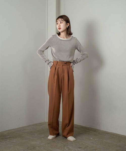 Amiur（エミレ）の「two tone rib long tops（Tシャツ/カットソー・レディース・ブラウン/アイボリー・FREE）」の4枚目の写真