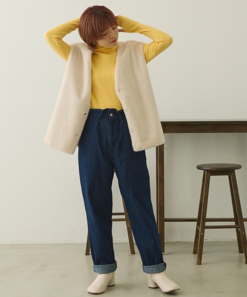 MERLOT（メルロー）の「フリルウエストデニムパンツ（デニムパンツ・レディース・ブルー/インディゴブルー・FREE）」の4枚目の写真