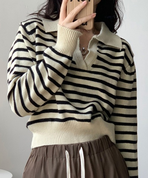 Doula Doula(ドゥーラドゥーラ)の「ポロニットボーダー長袖プルオーバー(ニット/セーター・レディース・ブラック/ベージュ・FREE)」の1枚目の写真